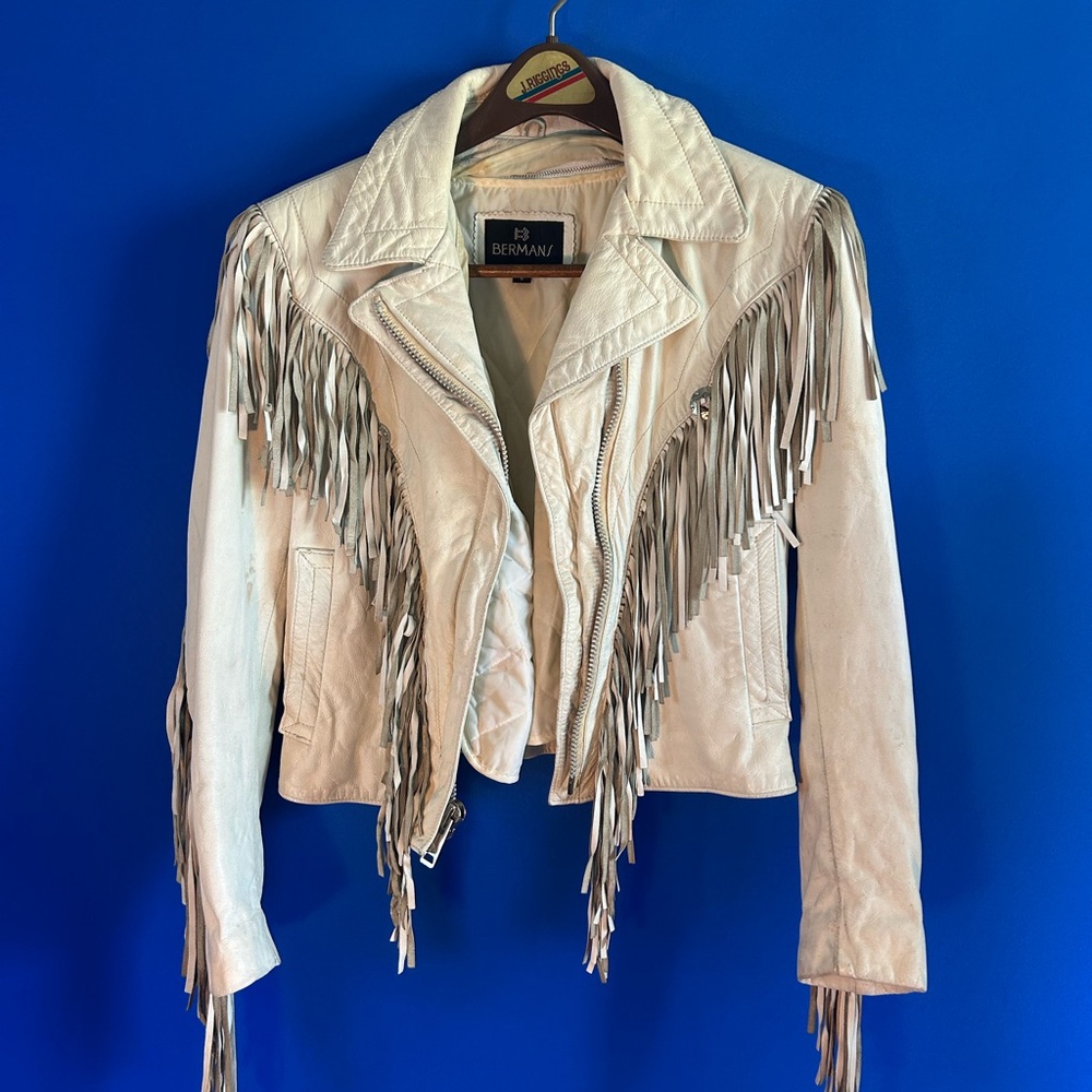 Vintage White Fringe Leather Jacket - Women's